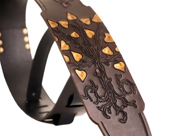 Engraved tree of life guitar strap, brown customized leather instrument strap, personalized hand carved electric guitar strap