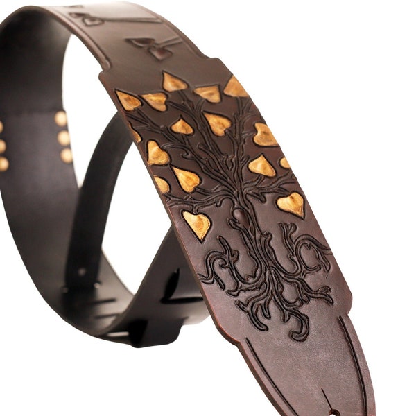 Engraved tree of life guitar strap, brown customized leather instrument strap, personalized hand carved electric guitar strap