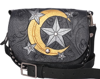 night sky crossbody bag, Dreamy moon purse, leather engraved moon and stars bag, crescent moon shoulder bag, starry night