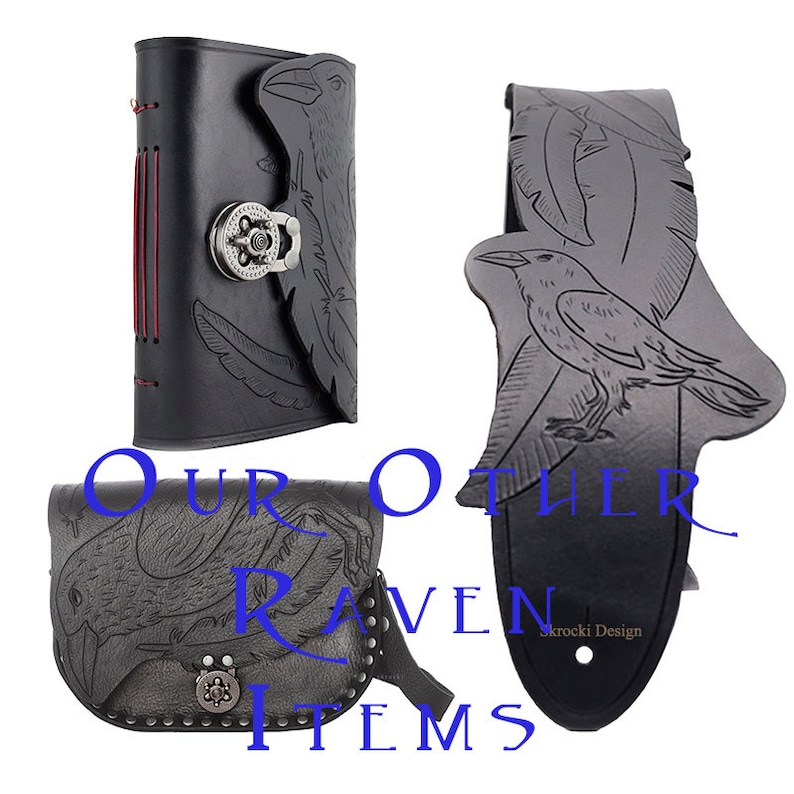 May include: Black leather items with raven designs. Includes a journal with a metal clasp, a belt clip, and a small bag with a studded border. The text "Our Other Raven Items" is visible.