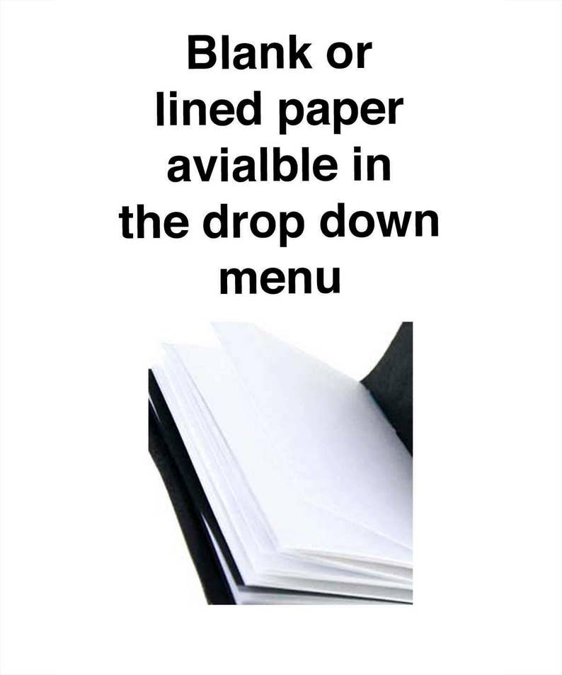 May include: A stack of white blank paper with a black binding. Text above the paper reads "Blank or lined paper available in the drop down menu."