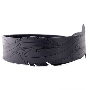 May include: A black, feather-detailed headband. The headband is made of a dark material and features an embossed feather design. The design wraps around the entire band, creating a decorative accessory.