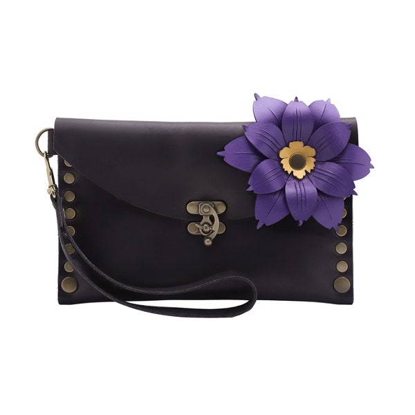 Blue eyed grass flower leather clutch, black leather clutch, spring, Sisyrinchium, purple flower clutch, flower leather bag, flower purse