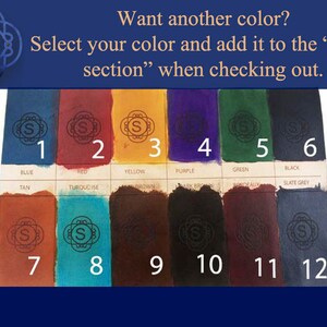 May include: Color chart with 12 color swatches labeled with numbers and names like blue, red, and yellow. The text at the top says, "Want another color? Select your color and add it to the 'notes section' when checking out."