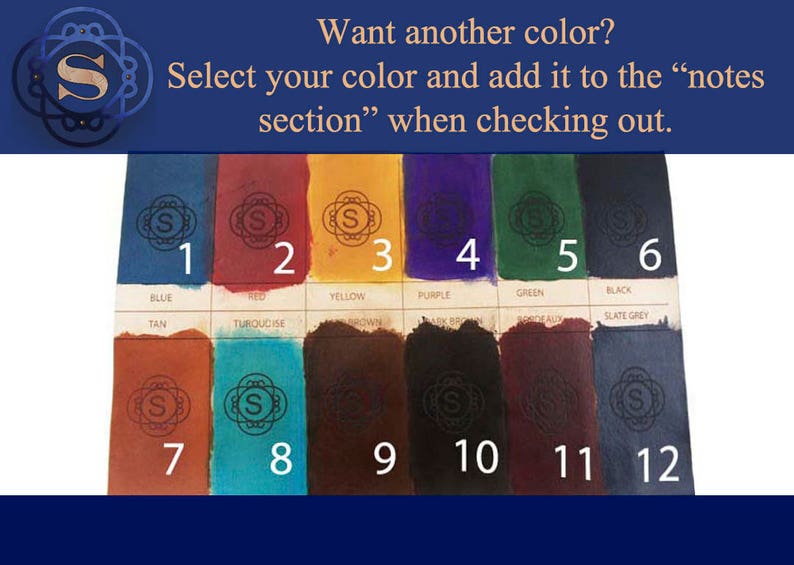 May include: Color chart with 12 color swatches labeled with numbers and names like blue, red, and yellow. The text at the top says, "Want another color? Select your color and add it to the 'notes section' when checking out."