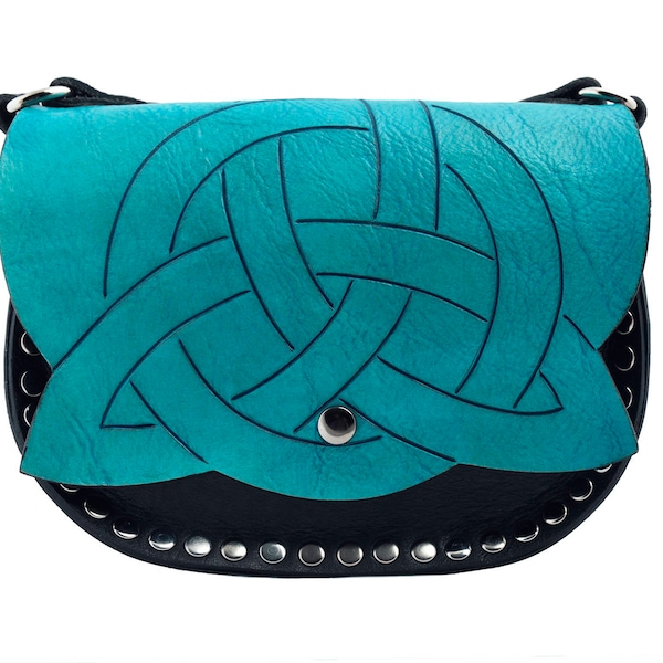 Celtic knot leather bag, trinity knot bag, Turquoise cross body bag, renaissance bag, viking bag, medieval bag, blue shoulder
