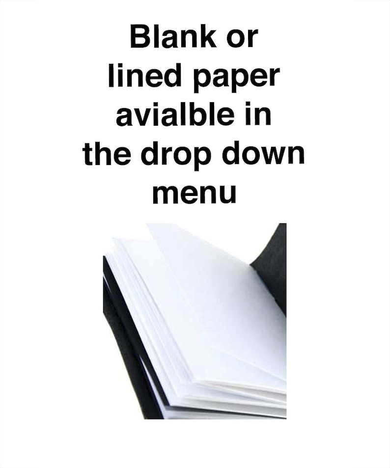 May include: An open notebook with blank white pages. The text above the notebook reads "Blank or lined paper available in the drop down menu."
