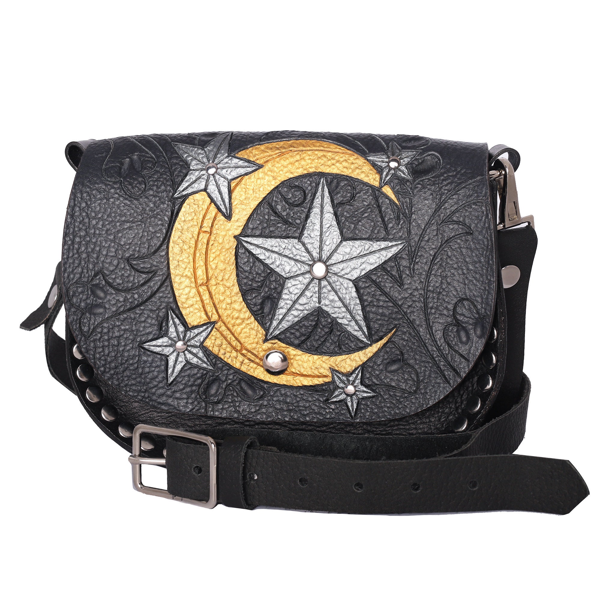 Night Sky Crossbody Bag Dreamy Moon Purse Leather Engraved Moon and Stars Bag Crescent Moon Shoulder Bag Starry Night