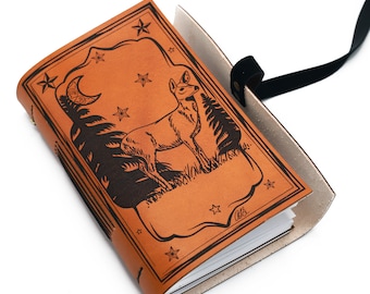 Whitetail deer in an enchanted forest at night art on a leather journal, personalized leather journal, men's notebook, gift for nature lover