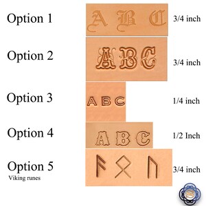 May include: Five options of letter and rune stamps are displayed on a light brown surface. Options 1, 2, and 5 are 3/4 inch, option 4 is 1/2 inch, and option 3 is 1/4 inch. The text "Option" and "Viking runes" are also visible.