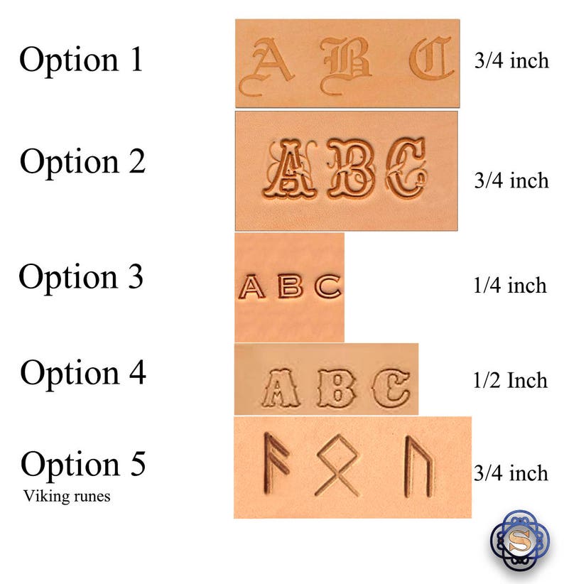 May include: Five options of letter and rune stamps are displayed on a light brown surface. Options 1, 2, and 5 are 3/4 inch, option 4 is 1/2 inch, and option 3 is 1/4 inch. The text "Option" and "Viking runes" are also visible.