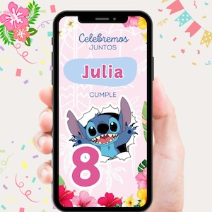 Célébrez avec Stich. Carte d'anniversaire numérique pour mobile, prête à être envoyée via WhatsApp. Carte d’anniversaire numérique Stitch Adventure.