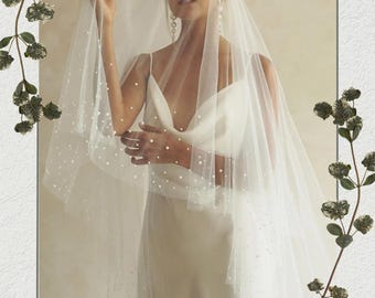 Wedding Veil Long Pearls Beaded Bridal Veils with Blusher Cathedral Soft Tulle for Elegant Bridal Look