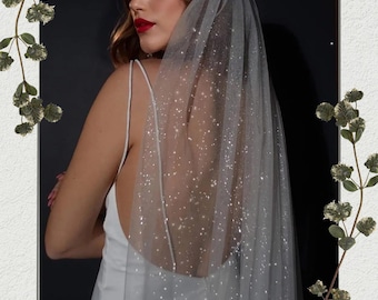 Silver Tones Long Shimmering Bridal Veil with Comb | Luxury Shiny Wedding Veil for Elegant Bridal Looks