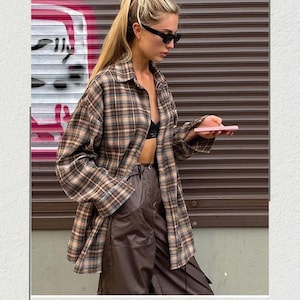 Women&#39;s Flannel Plaid Shirt, Oversized Long Sleeve Shirt, Vintage Checked Shirt, Autumn Winter Loose Fit Blouse, Casual Streetwear Clothing.