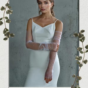 Long Fingerless Bridal Gloves with Detachable Tulle Sleeves  Elegant Opera Length Wedding Accessory