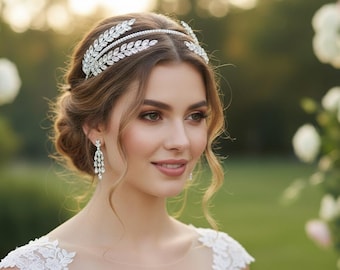Crystal Laurel Leaf Bridal Crown – Double Layered Silver and Gold Wedding Tiara