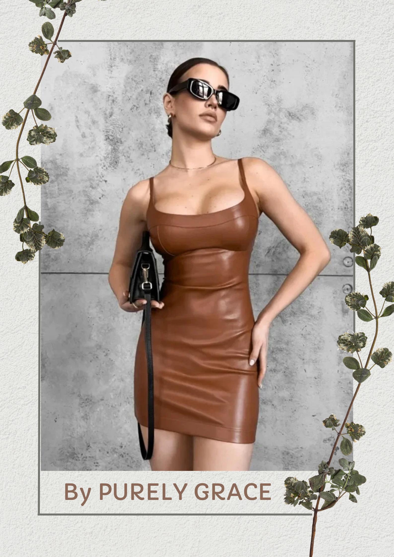 chinese dress ladies Light Brown Backless Faux Leather Western Embroidered Mini Dress M / Light Brown
