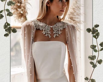 Bridal Cape Veil: Pearl Beaded Wedding Veil & Cathedral Bolero Jacket for Plus Size Brides