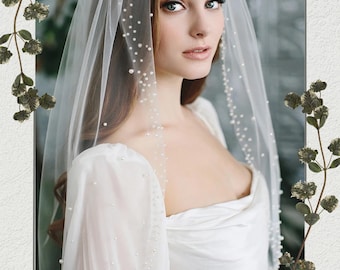 Pearls Bridal Veil – Short Beaded Edge, 1-Tier Elbow Length with Comb for Weddings