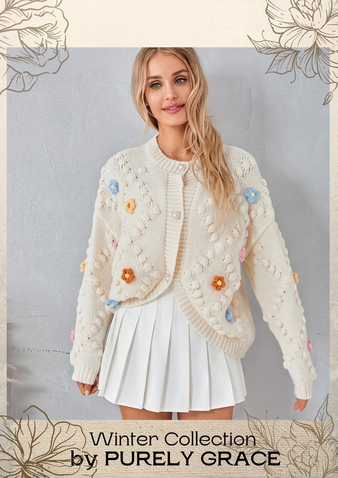 Unique Crochet Three-Dimensional Flower Cardigan Sweater Jacket