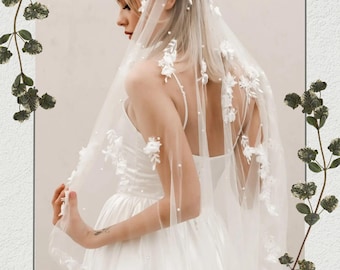 Floral Bridal Veil with Lace Appliques & Pearls | Beaded Waltz Length Wedding Accessories