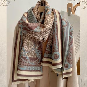 Chal de cadena con letras de jacquard de doble cara estilo bohemio: bufanda gruesa y cálida