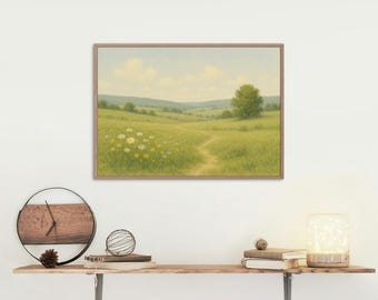 Stampa artistica da parete con prato di fiori selvatici vintage / Decorazione rustica con paesaggio naturale / Download digitale Cottagecore