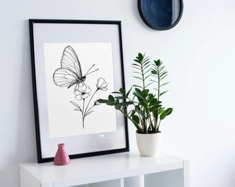 Arte de pared imprimible con diseño de mariposa y flor / Decoración minimalista para habitación infantil / Descarga digital