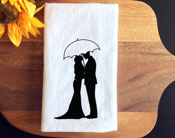 Romantic Couple with Umbrella Flour Sack Kitchen Cotton Tea Towel