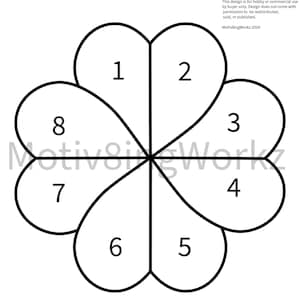 Puede incluir: Un contorno en blanco y negro de una flor con ocho pétalos, cada pétalo numerado del 1 al 8.
