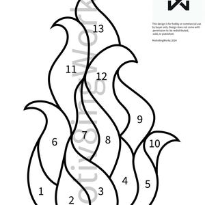 May include: A black and white line art design of a stylised flame with 13 numbered sections. This design is for hobby or commercial use by the buyer only. The design does not come with permission to be redistributed, sold, or published. MotivsingWorkz 2024.