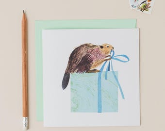 Beaver Ties a Bow Birthday Card - Eco Friendly Greetings Card