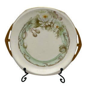 Antique MZ Austria 6.5 Porcelain Plate Floral White Gold Trim Pierced Handles