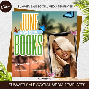 Juni Buchungsflyer Bearbeitbare Canva Instagram Vorlagen Digital Marketing Flyer für Hair Stylists, Lash Techs & MUA