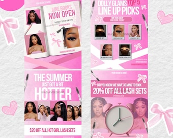 May include: Pink social media templates for summer branding. The templates include text that says "June Books Now Open", "Dolly Glams Top 5 Line Up Picks", "The Summer Just Got a Bit Hotter", and "20% Off All Lash Sets".