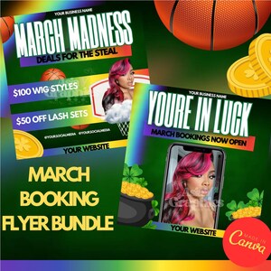 Puede incluir: Un paquete de folletos promocionales con fondo verde, balones de baloncesto y monedas de oro. Los folletos anuncian ofertas de "March Madness", incluyendo estilos de pelucas por 100 € y sets de pestañas con 50 € de descuento. Un folleto dice "You're in Luck".