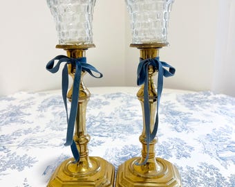 Pair 12in Brass Candle Holders Glass Votive Cups Vintage Grandmillenial Holiday