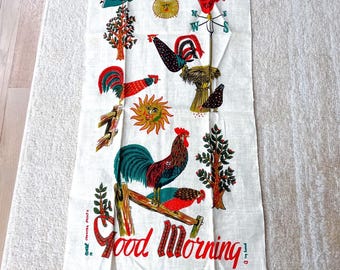 Vintage Tea Towel 100% Linen Good Morning Roosters Weather Vanes Suns MCM RETRO