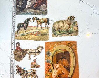 Lot of 7 Antique Victorian Die Cut Scraps Horses Donkey Deer Goats Authentic