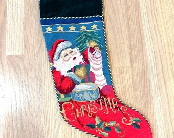 Vintage Lined Christmas Stocking Needlepoint Santa Presents Tree Velvet