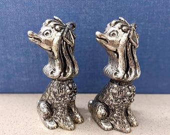Pair Silver Finish 3in Poodle Afghan Dog Figurine Signed Italy Vintage Ribbon