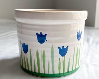 Vintage 5in Hand Painted Blue Flower Coil Pot Bowl Crock Cottagecore Floral