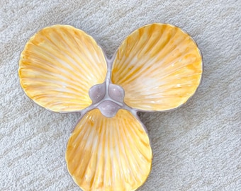 Stangl 12in Yellow Purple Triple Three 3 Shell Serving Nut Dip Dish Vintage