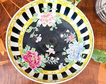 Vintage 10in Japanese Famille Noir Bowl Yamatoku Peony Black White Chinoiserie