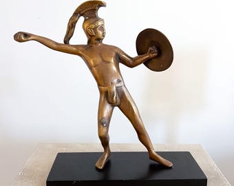 12in Vintage Brass Spartan Greek Warrior Statue w Lion Shield Missing Spear