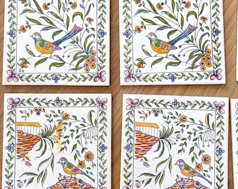 SET OF 10 6"x6" Bird Azupal Pombal Portugal Ceramic Tile Trivet Painted Vintage