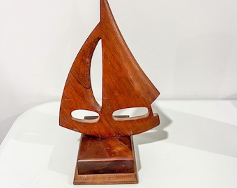 Carved Wooden Sailboat Ship Sculpture Figurine MCM Nautical Sailing Unmarked