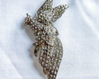 Vintage Trifari-Style Unsigned Bird Of Paradise Brooch Rhinestone Silver