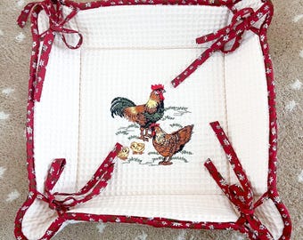11in Vintage Square Fabric Basket Trinket Tray Catchall Rooster Chicken Country
